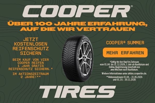 Hinweis auf eine Cooper Aktion: "Kostenloser Reifenschutz beim Kauf von 4 Cooper Reifen."
